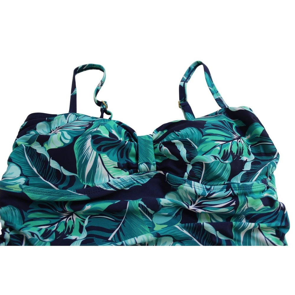 Shore Shapes Swimdress Teal Green Tropical Leaf Ruched Swimsuit Size 12 - Picture 8 of 10